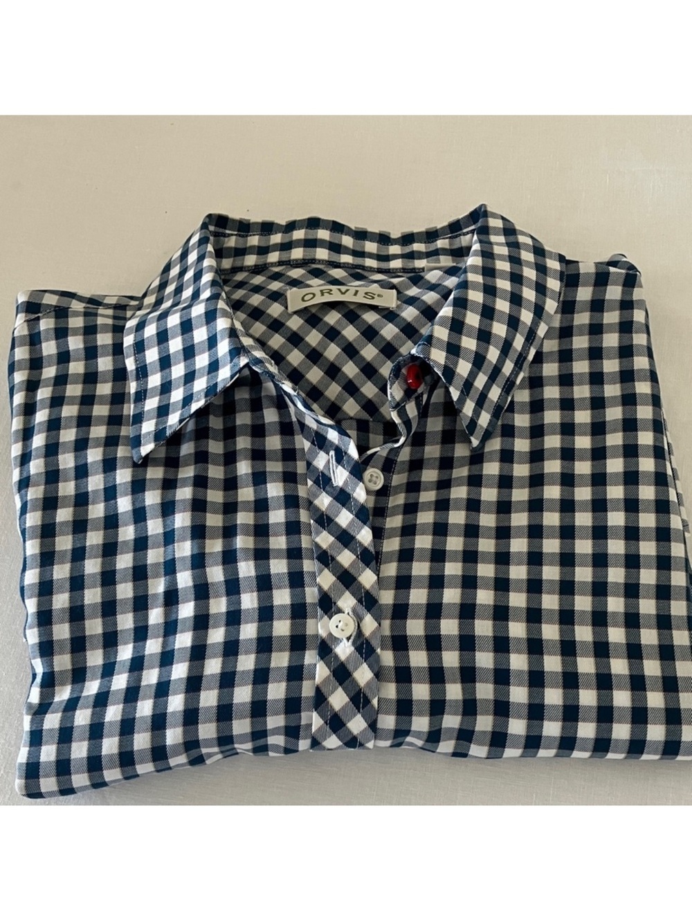 Orvis Navy and White Gingham Cotton Button-Down Shirt with *red button accents*